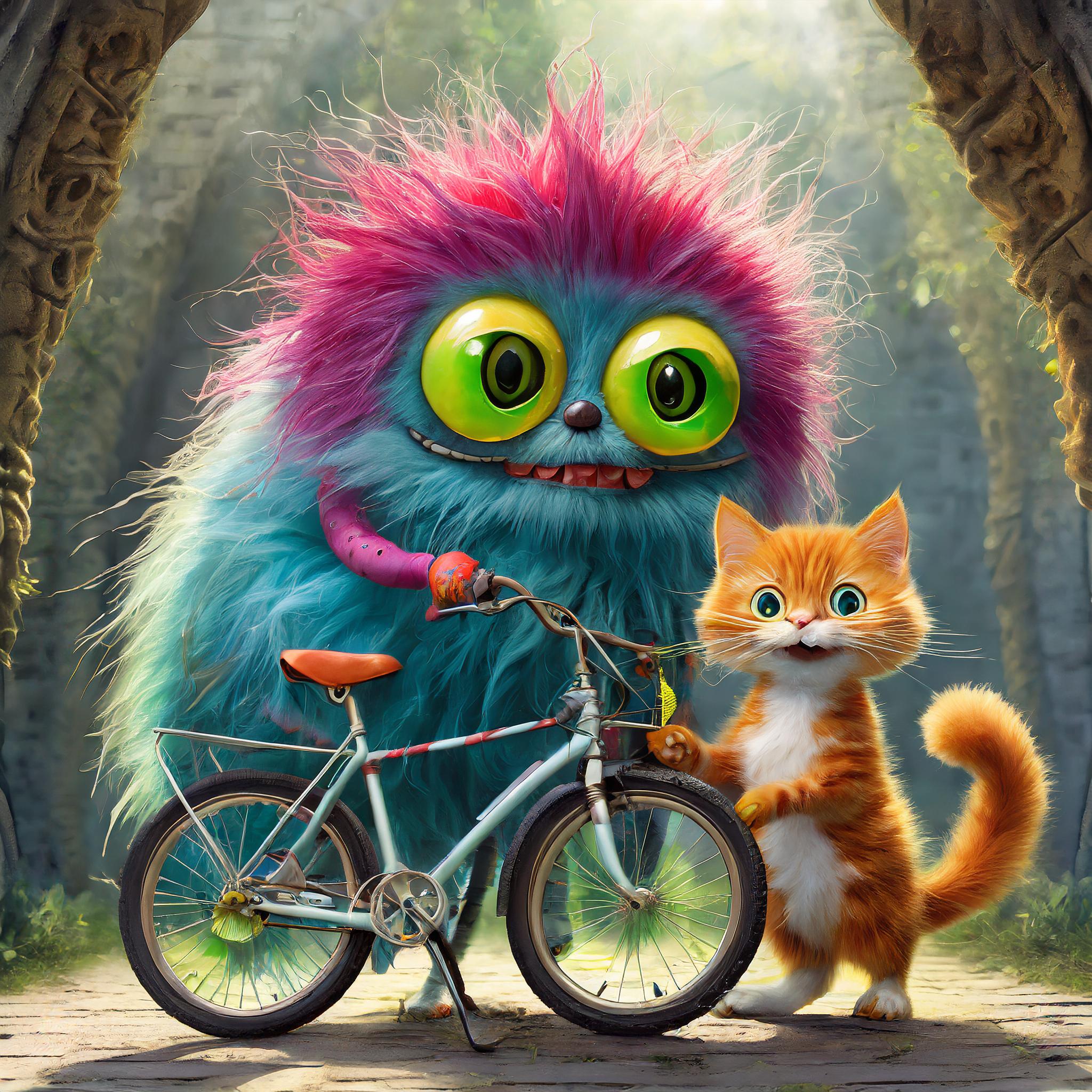 Bild von KI erstellt: süßes Monster, in der Natur mit fahrrad und Katze